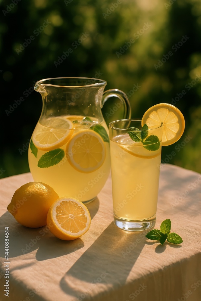 Refreshing Lemonade With Mint and Lemon on a Sunny Day in the Garden