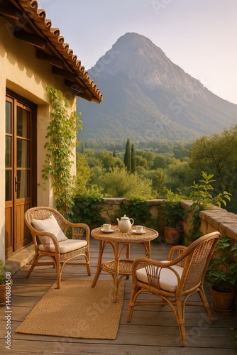 Obraz na płótnie Cozy Outdoor Seating Area With Mountain View at Sunset in a Serene Environment w salonie