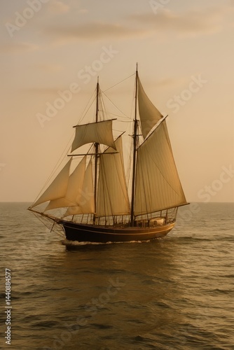 Sailing Ship With Billowing Sails Gliding Across Calm Waters at Sunset