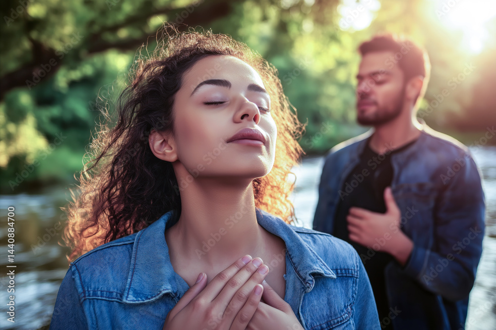 Fototapeta premium Couple practicing mindfulness and deep breathing by river surrounded by nature