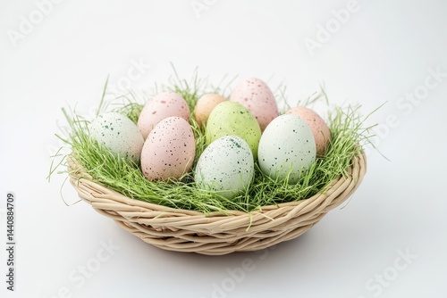 Wallpaper Mural Eggs and grass in woven basket isolated on white background Torontodigital.ca