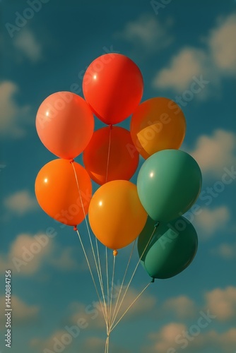Colorful Balloons Floating Against a Blue Sky With Fluffy Clouds During a Sun...