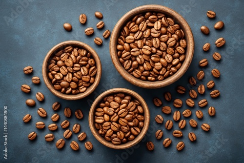 Freshly Roasted Coffee Beans Arranged in Wooden Bowls on Dark Surface