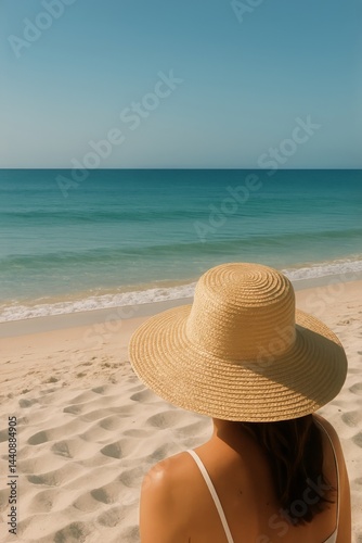 Woman in a Straw Hat Enjoys the Calm Beach View With Clear Blue Water During ...