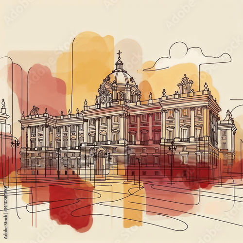 Artistic Watercolor Illustration of Madrid Royal Palace with Warm Architectural Tones