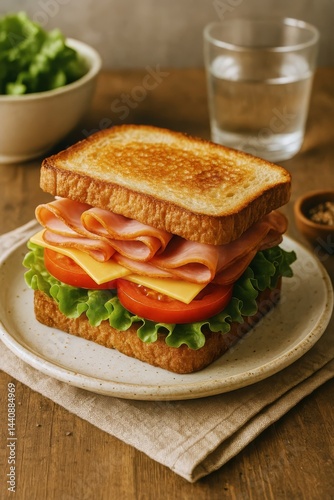 Delicious Sandwich Stacked With Ham, Cheese, Lettuce, and Tomato on a Wooden ...