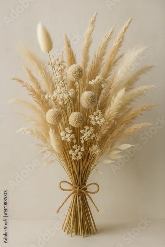 Dried Floral Arrangement in Neutral Tones Displayed in a Clear Glass Vase on ...