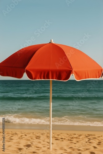 Bright Red Beach Umbrella Stands out Against Tranquil Ocean and Sandy Shore D...