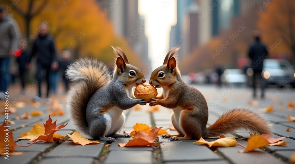 Two adorable squirrels share a cookie amidst autumn leaves on a city street.