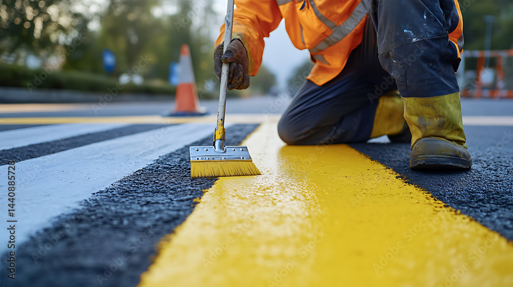 Worker Applying Yellow Paint to Road Markings
