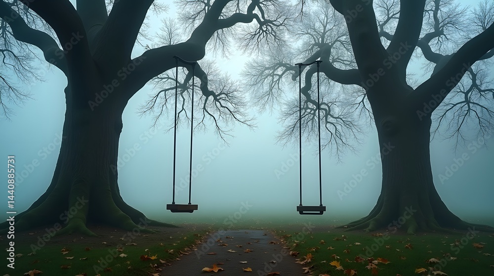 Mysterious fog envelops two towering trees with swings, creating a serene yet eerie atmosphere.