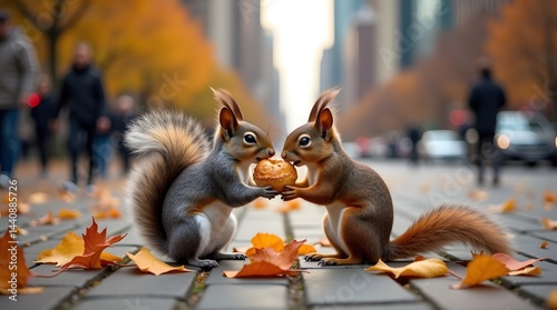 Obraz na płótnie Two adorable squirrels share a cookie amidst autumn leaves on a city street. w salonie
