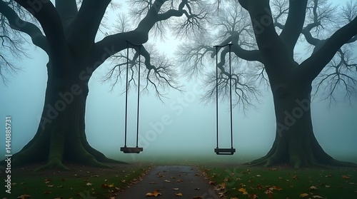 Obraz na płótnie Mysterious fog envelops two towering trees with swings, creating a serene yet eerie atmosphere. w salonie