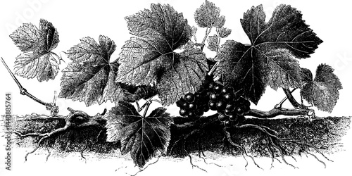 Botanical illustration of grapevine with leaves and grapes.