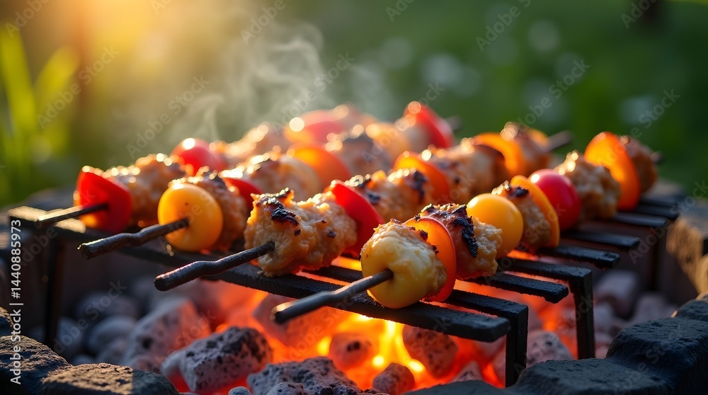 Grilled chicken and vegetable skewers sizzling over hot coals, capturing the essence of outdoor cooking and summer flavors.