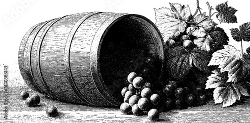 Vintage oak barrel with grapes and leaves in detailed engraving style.