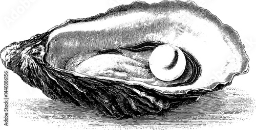 Vintage engraving of oyster shell with pearl inside.