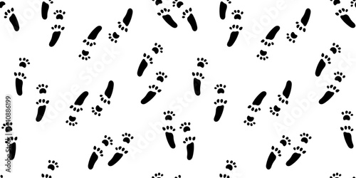 Vector paw trail of rabbit footprint seamless pattern. Bunny tracks on white background. Seamless print with hare or rabbit paw footprints black silhouette.