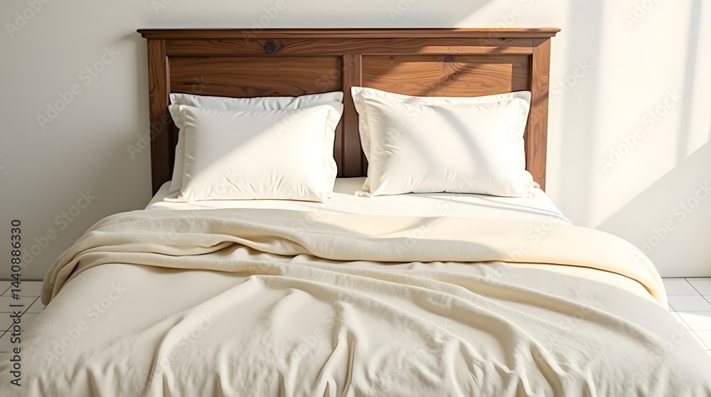 Cozy and inviting bedroom with a neatly made bed adorned with soft, cream-colored blankets and fluffy pillows.