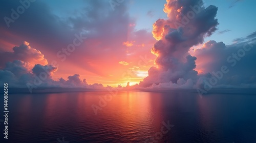Obraz na płótnie Vibrant sunset over a tranquil ocean, featuring dramatic clouds reflecting colorful hues of orange and pink. w salonie