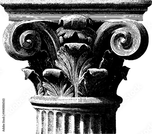 Intricate corinthian column capital with acanthus leaves and volutes.