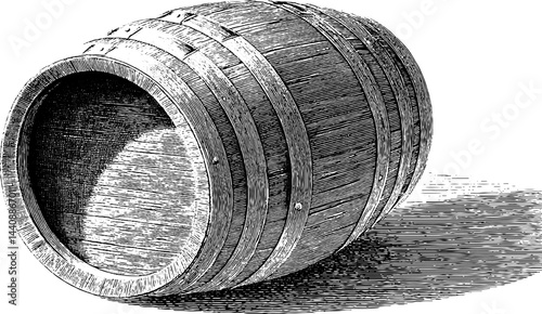 Vintage wooden barrel with detailed engravings on white background.