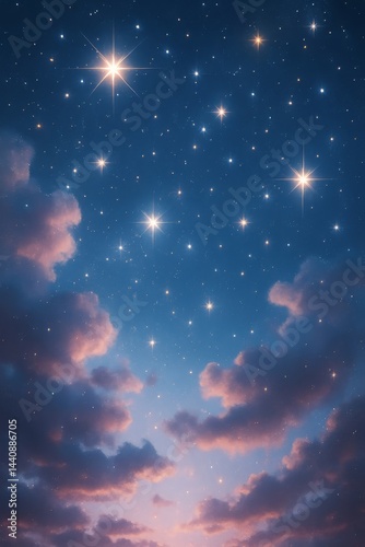 Night Sky Filled With Twinkling Stars and Scattered Clouds Over a Serene Land...