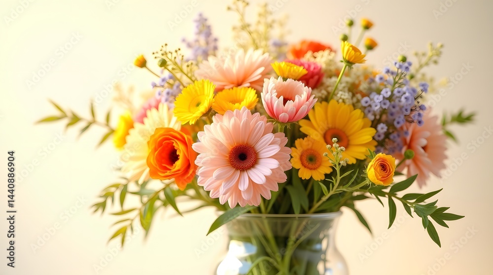 A vibrant bouquet of mixed flowers, including daisies, ranunculus, and accent foliage, bringing a cheerful touch to any space.