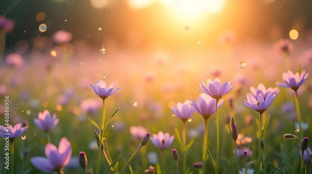 A vibrant field of purple flowers glistening in the soft glow of sunrise, creating a serene and enchanting atmosphere.