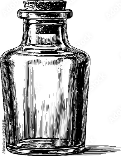 Vintage glass bottle with cork stopper in detailed black and white engraving style.