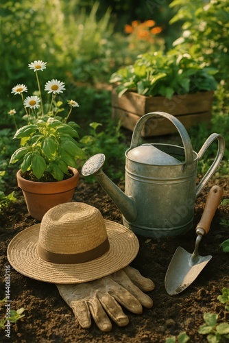 Gardening Tools and Flowers Displayed in a Sunlit Garden During Springtime
