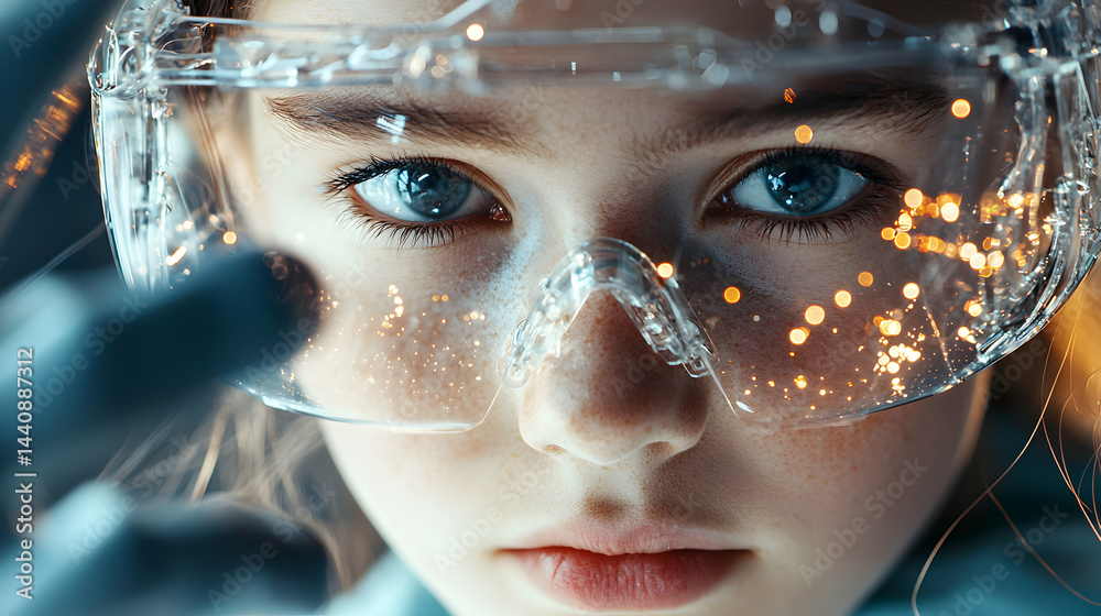 A close-up of a person's face wearing futuristic goggles. The image suggests scientific exploration or technological advancement. Use this for tech startup visuals or sci-fi projects. A close-up of a person's face wearing futuristic goggles. The image suggests scientific exploration or technological advancement. Use this for tech startup visuals or sci-fi projects.