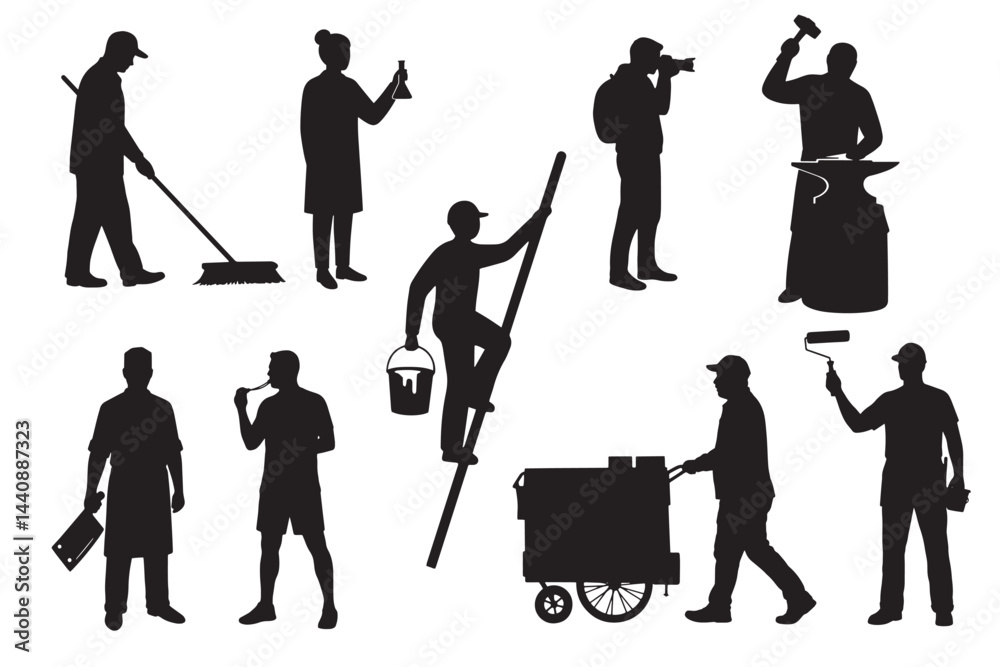 Obraz premium Group of Workers in Various Occupations Silhouette Vector Illustration icon Black Job Concept. Multiple Occupation Workers Silhouette Vector Set Featuring Diverse Job Roles and Labour Activities