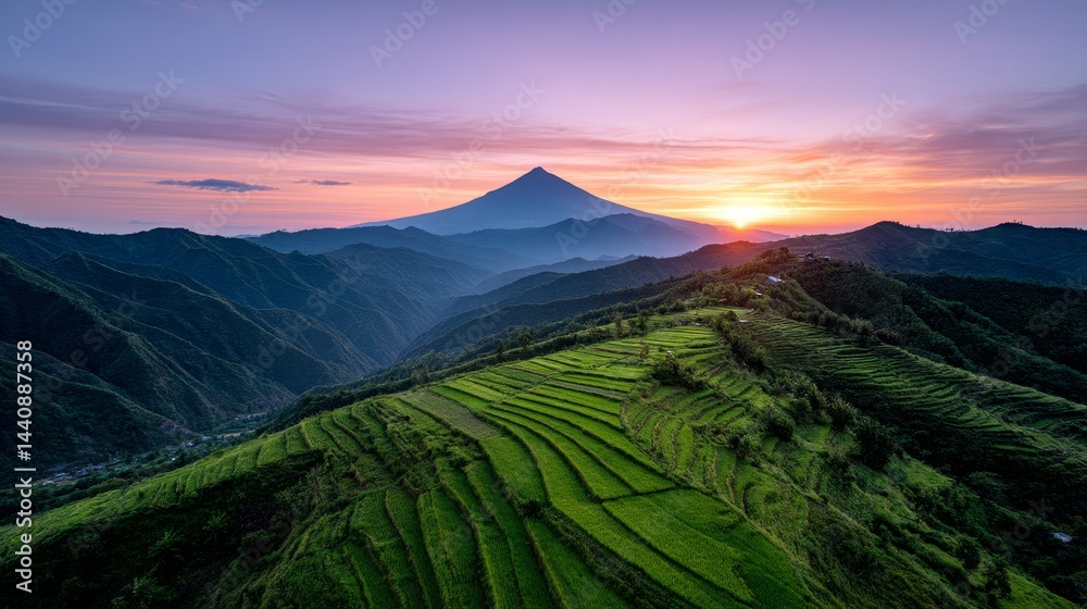Fototapeta premium Volcanic Sunrise Over Rice Terraces - Serene sunrise paints the sky vibrant hues, illuminating lush green rice terraces clinging to volcanic slopes. Symbolism: peace, abundance, nature's beauty