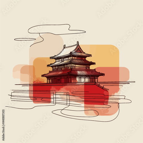 Traditional Chinese Palace in Minimalist Watercolor with Elegant Architectural Details