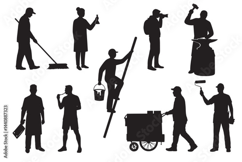 Group of Workers in Various Occupations Silhouette Vector Illustration icon Black Job Concept. Multiple Occupation Workers Silhouette Vector Set Featuring Diverse Job Roles and Labour Activities