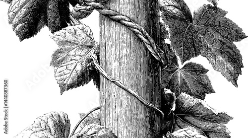 Intricate botanical engraving of twisting vine and leaves on tree trunk.