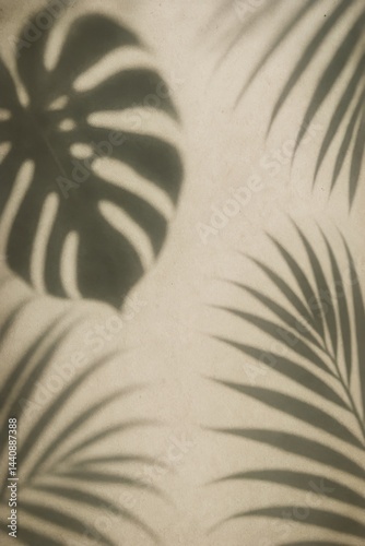 Shadows of Green Plant Leaves Illuminating a Textured Background in Soft Sunl...