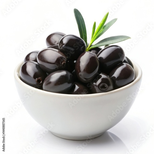 Bowl Of Black Olives With Fresh Green Leaves On White Background Still Life