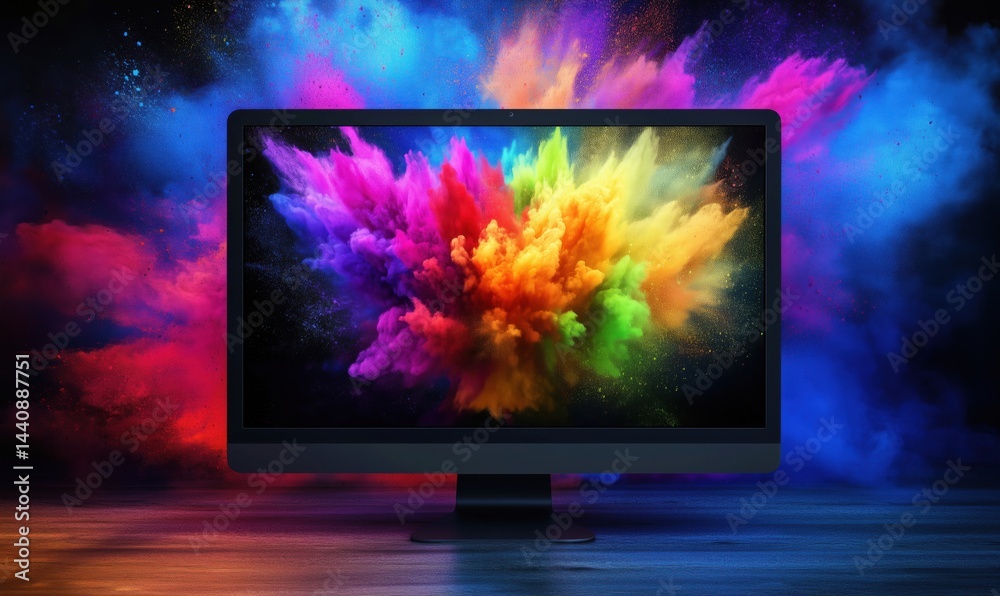 Vibrant color explosion on computer screen with abstract background effects