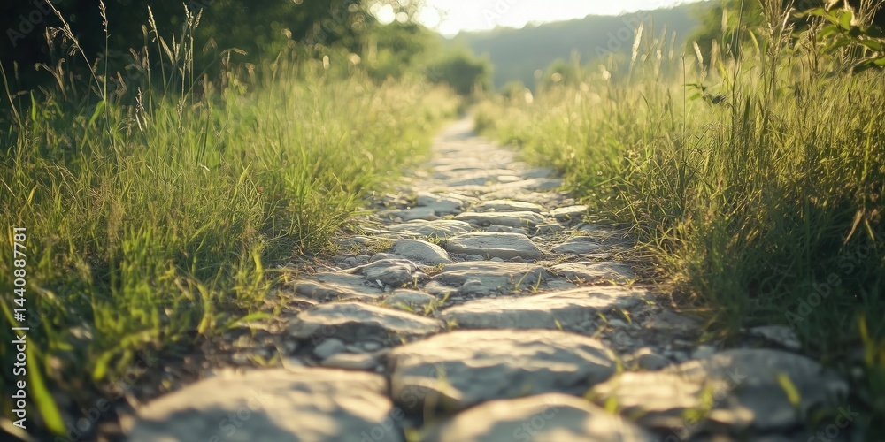Scenic stone pathway through lush grass and wildflowers in golden sunlight Scenic stone pathway through lush grass and wildflowers in golden sunlight
