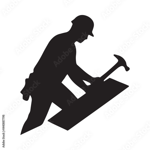 Silhouette of Roofer Working with Hammer on Roof Vector Illustration on White Background
