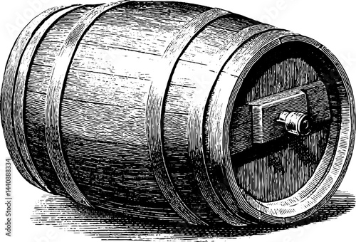 Vintage wooden barrel engraving with tap illustration.