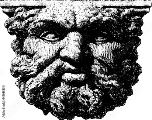 Detailed engraving of mythical bearded man's face with intense expression.