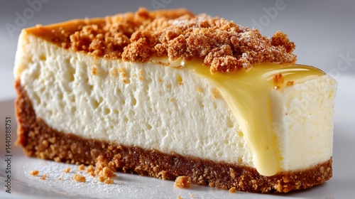a close-up of a creamy and dreamy cheesecake slice with a graham cracker crust on a white isolated background, indulgent and smooth design