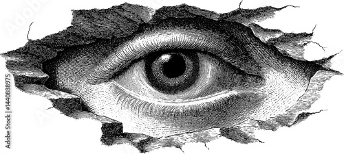 Intricate black and white etching of a watchful eye surrounded by torn paper.