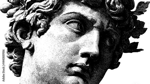 Monochrome classical marble sculpture of young male with intricate hair.