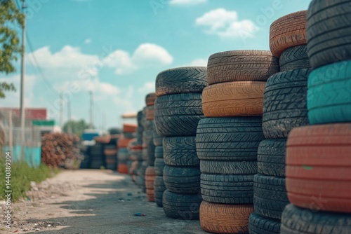Stacks of used tires in an industrial area under a bright blue sky on a sunny day