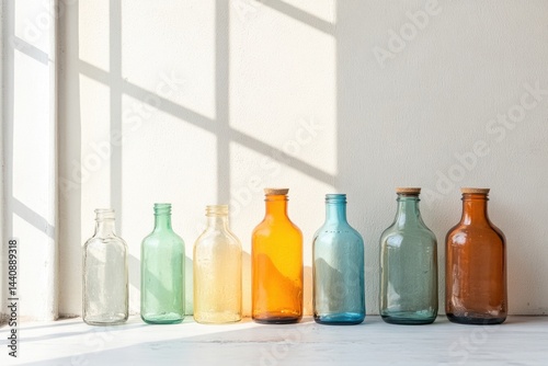Wallpaper Mural Colorful glass bottles create a vibrant display in sunlight against a white background Torontodigital.ca