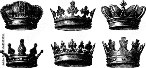 Vintage black and white illustrations of royal crowns.